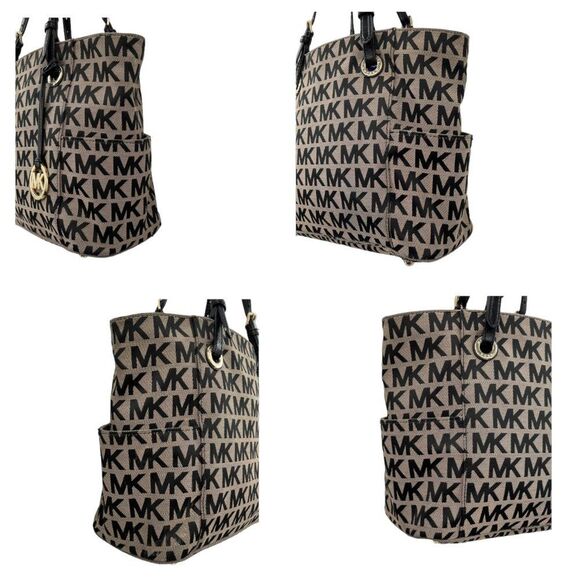 Michael Kors Jet Set Black & Tan Monogram Signature MK Tote Bag - Picture 7 of 16